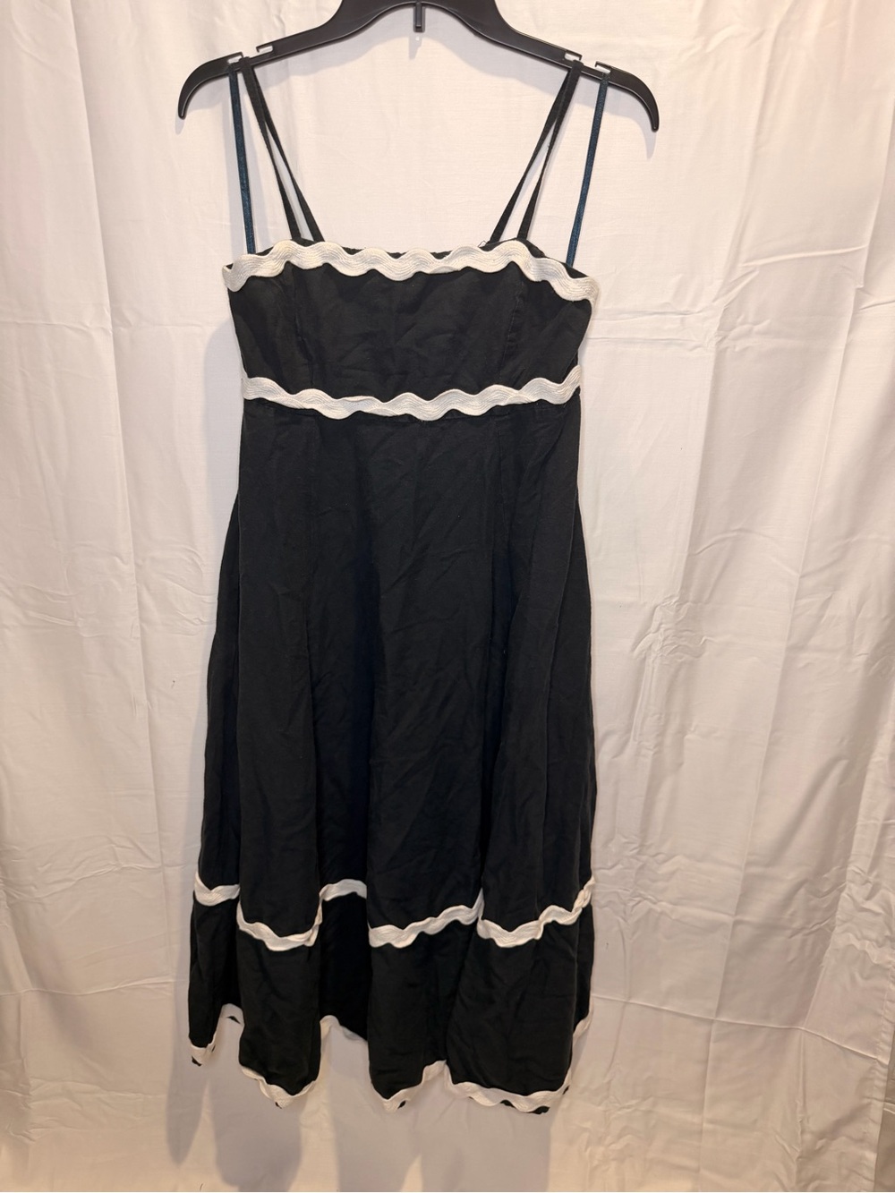 Navy Midi Dress with White Scalloped Trim and Double Spaghetti Straps
